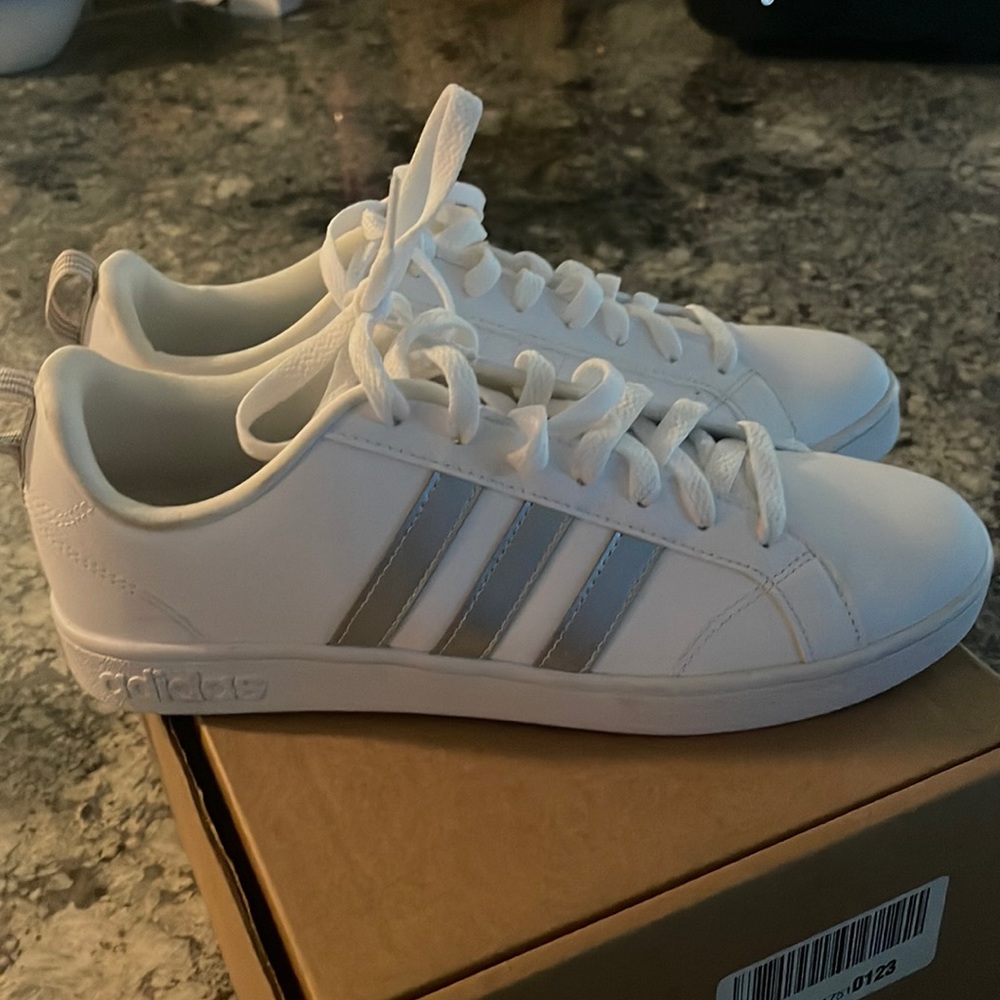 White leather adidas sneakers,  Gray stripes on outside.  New without tags